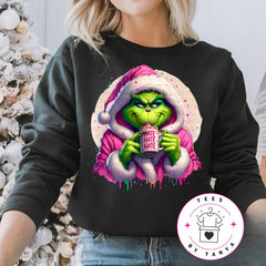 Pink Hoodie Grinch Drinking Cocoa Shirt