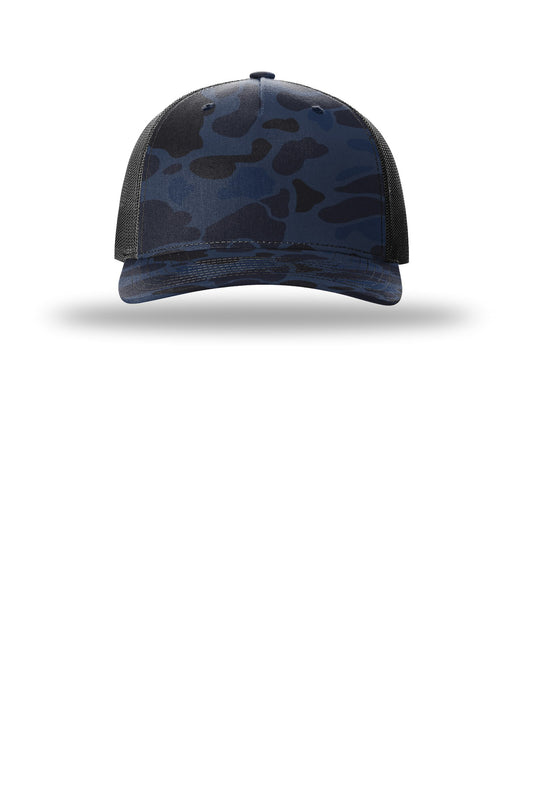 Richardson Printed Five-Panel Trucker - Admiral Duck Camo/ Black - flat front