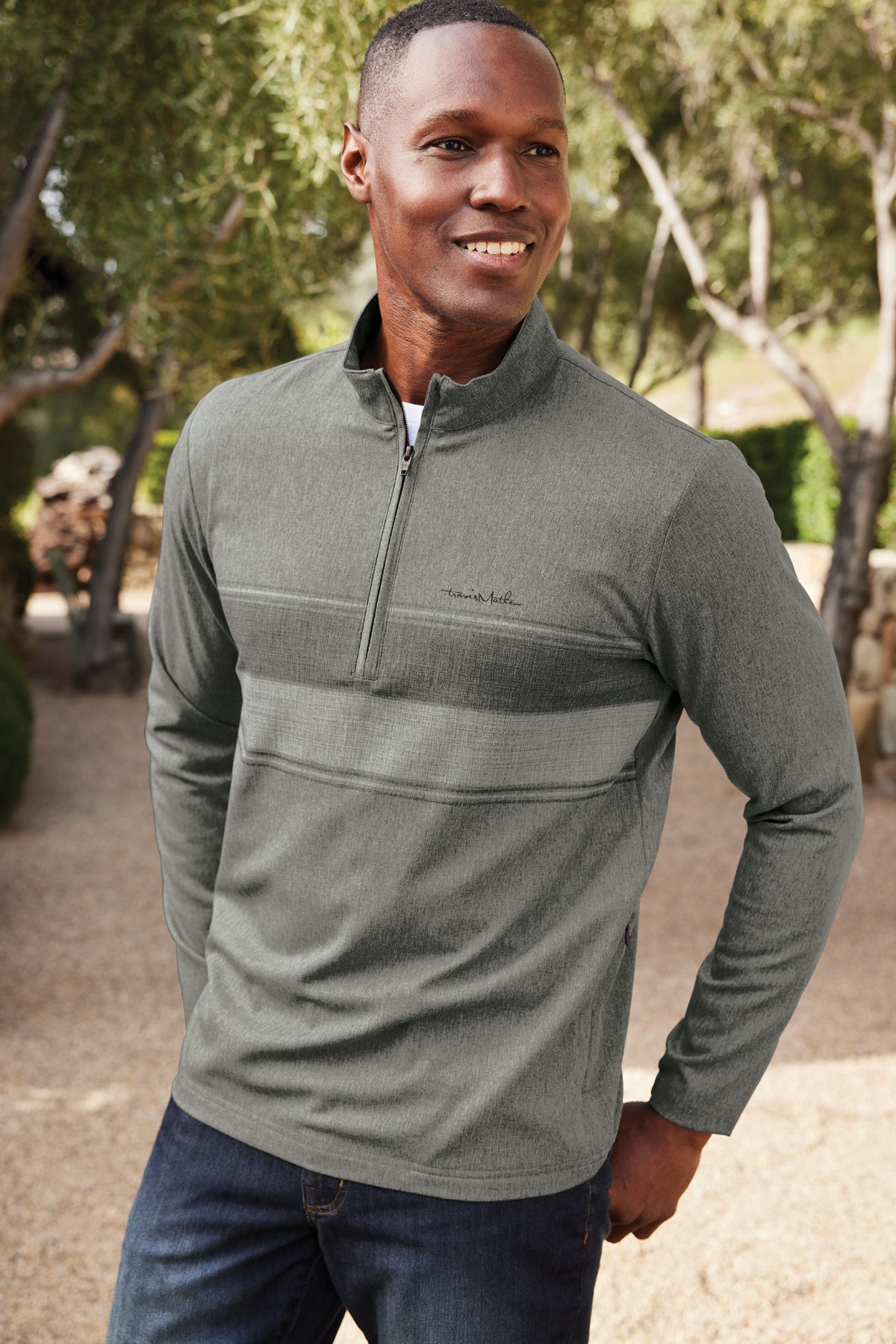TravisMathew Balboa Chest Stripe 1/4-Zip in Dark Grey Heather, view on model