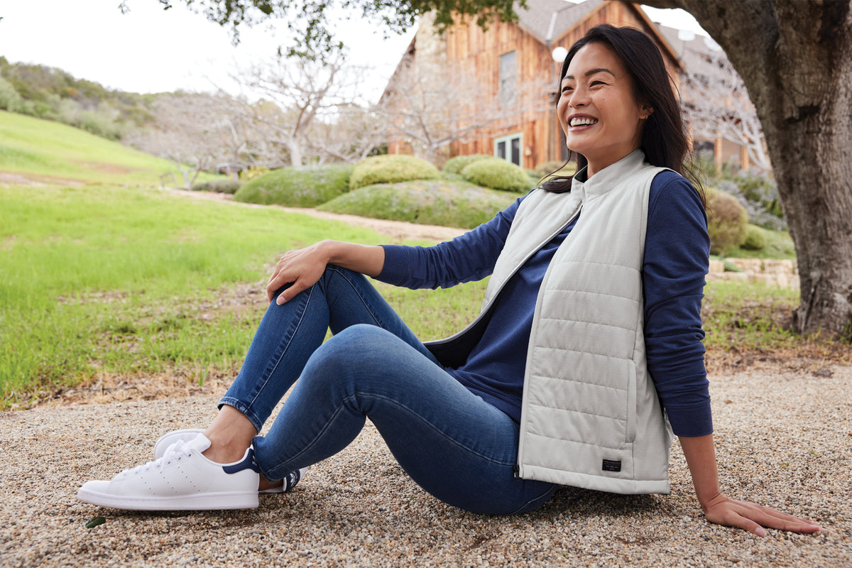 TravisMathew Women's Cold Bay Vest in Microchip Grey, view on model