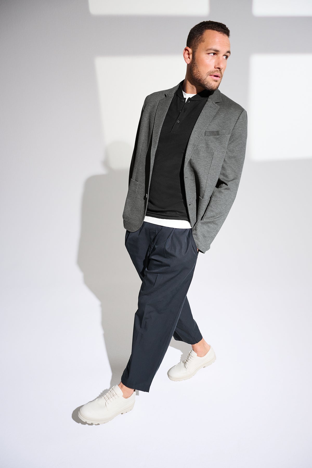 Mercer+Mettle Relaxed Knit Blazer in Storm Grey Heather, view on model