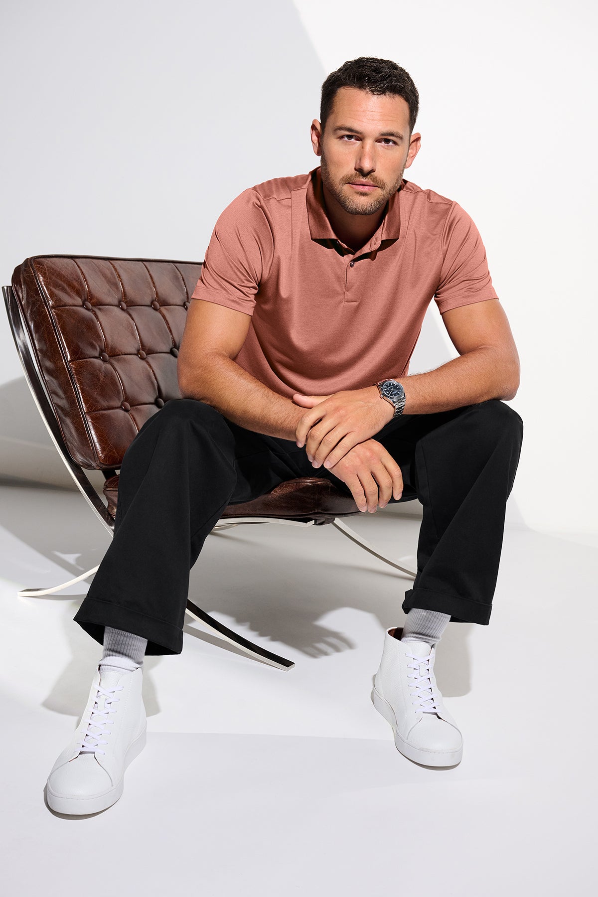 Mercer+Mettle Recharge Jersey Polo in Sienna Heather, view on model
