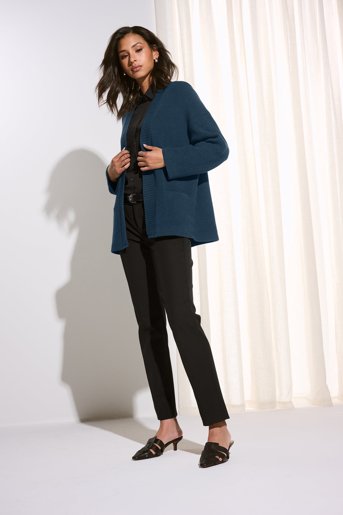 Mercer+Mettle Women’s Open Cardi in Insignia Blue, view on model