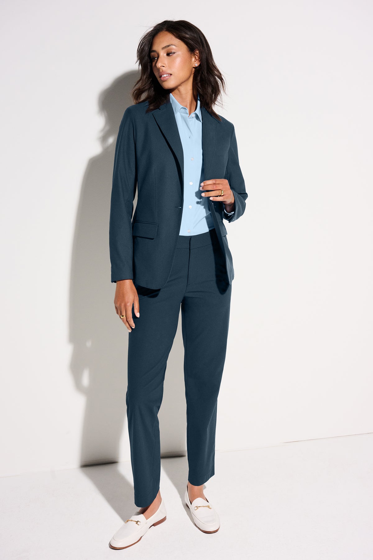 Mercer+Mettle Women’s Capital Tech Blazer in Storm Grey, view on model
