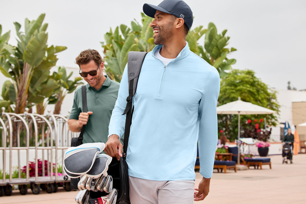 TravisMathew Onward 1/4-Zip in Quiet Shade Grey Heather, view on model