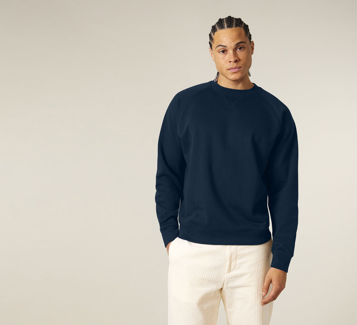 Stanley/Stella Unisex Knoxer Crewneck Sweatshirt in Natural Raw, view on model