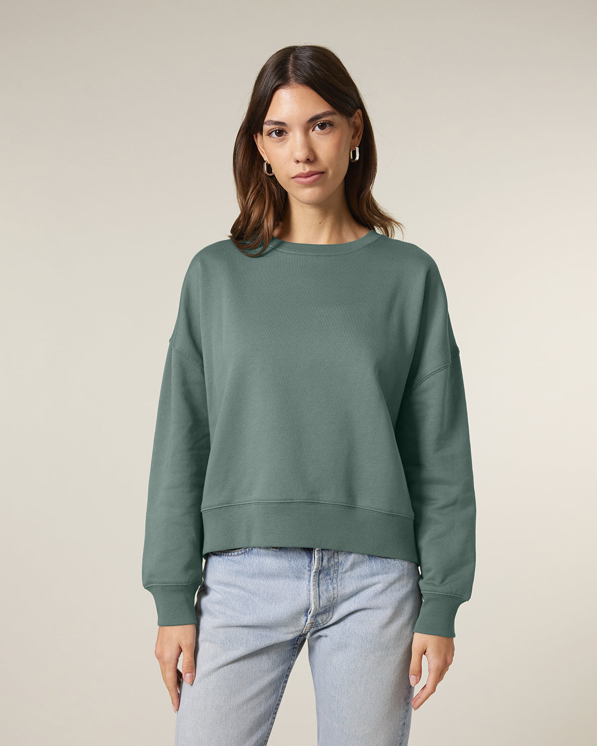 Stanley/Stella Women’s Stella Alma Crewneck Sweatshirt in White, view on model
