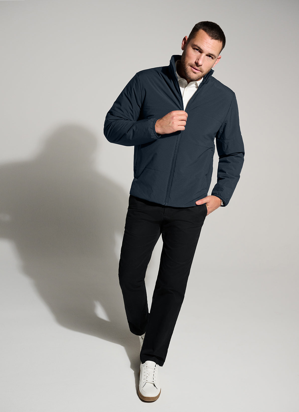 Mercer+Mettle Brookline Quilted Jacket in Warm Taupe, view on model