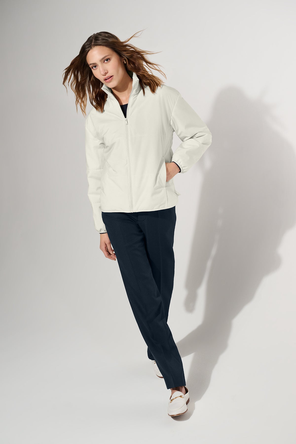 Mercer+Mettle Women’s Brookline Quilted Jacket in Night Navy, view on model