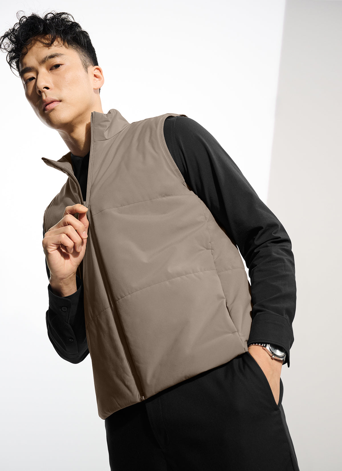 Mercer+Mettle Brookline Quilted Vest in Warm Taupe, view on model