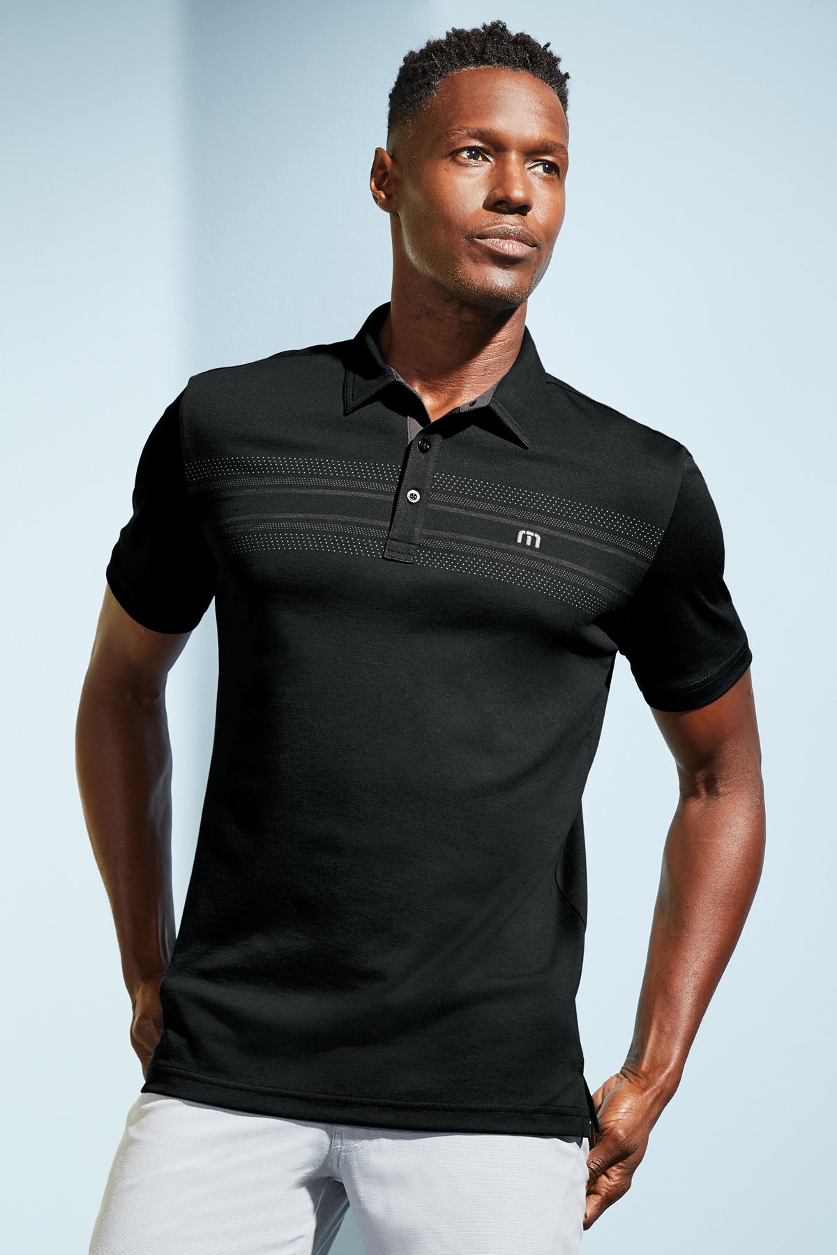 TravisMathew Monterey Chest Stripe Polo in Quiet Shade Grey, view on model