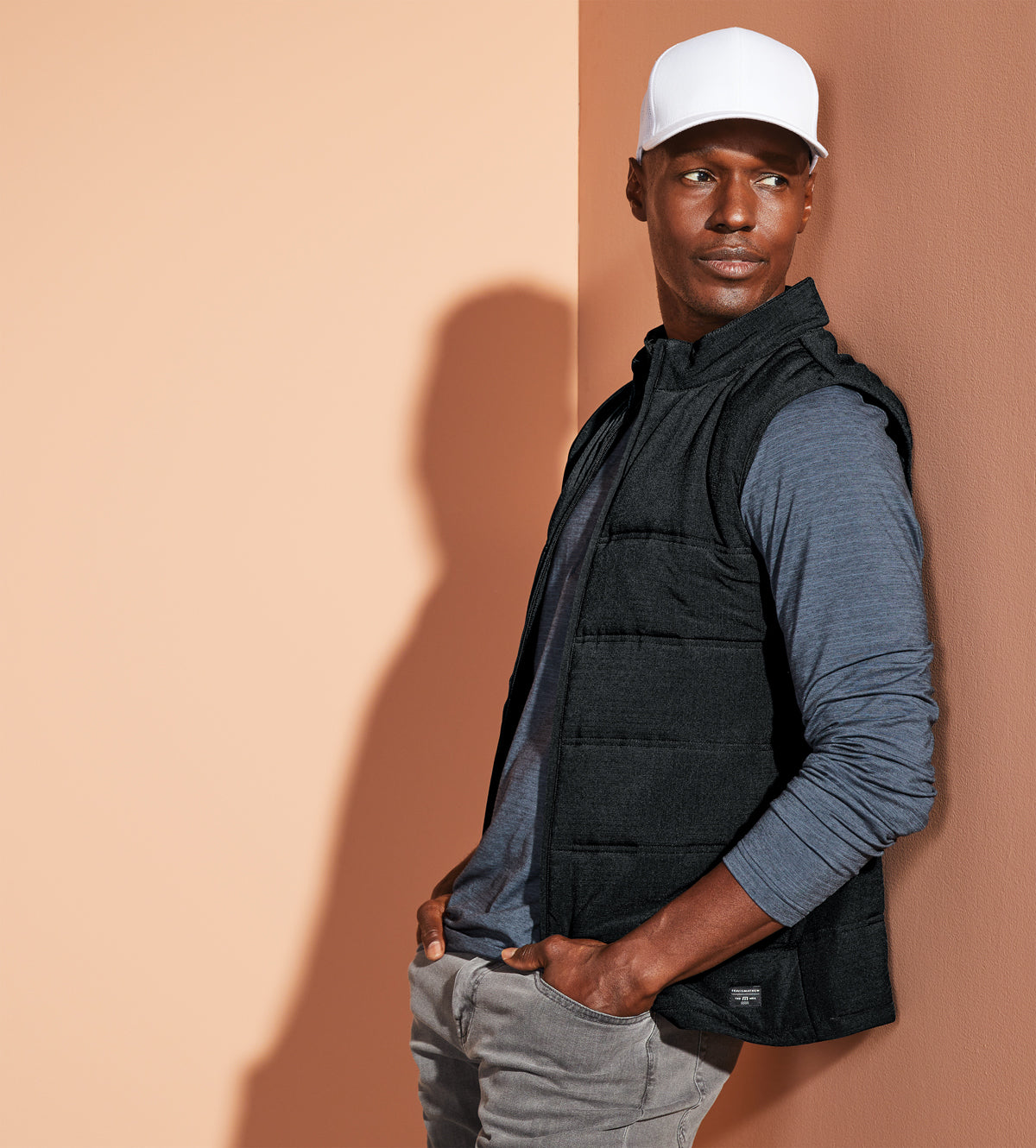TravisMathew Cold Bay Vest in Quiet Shade Grey, view on model