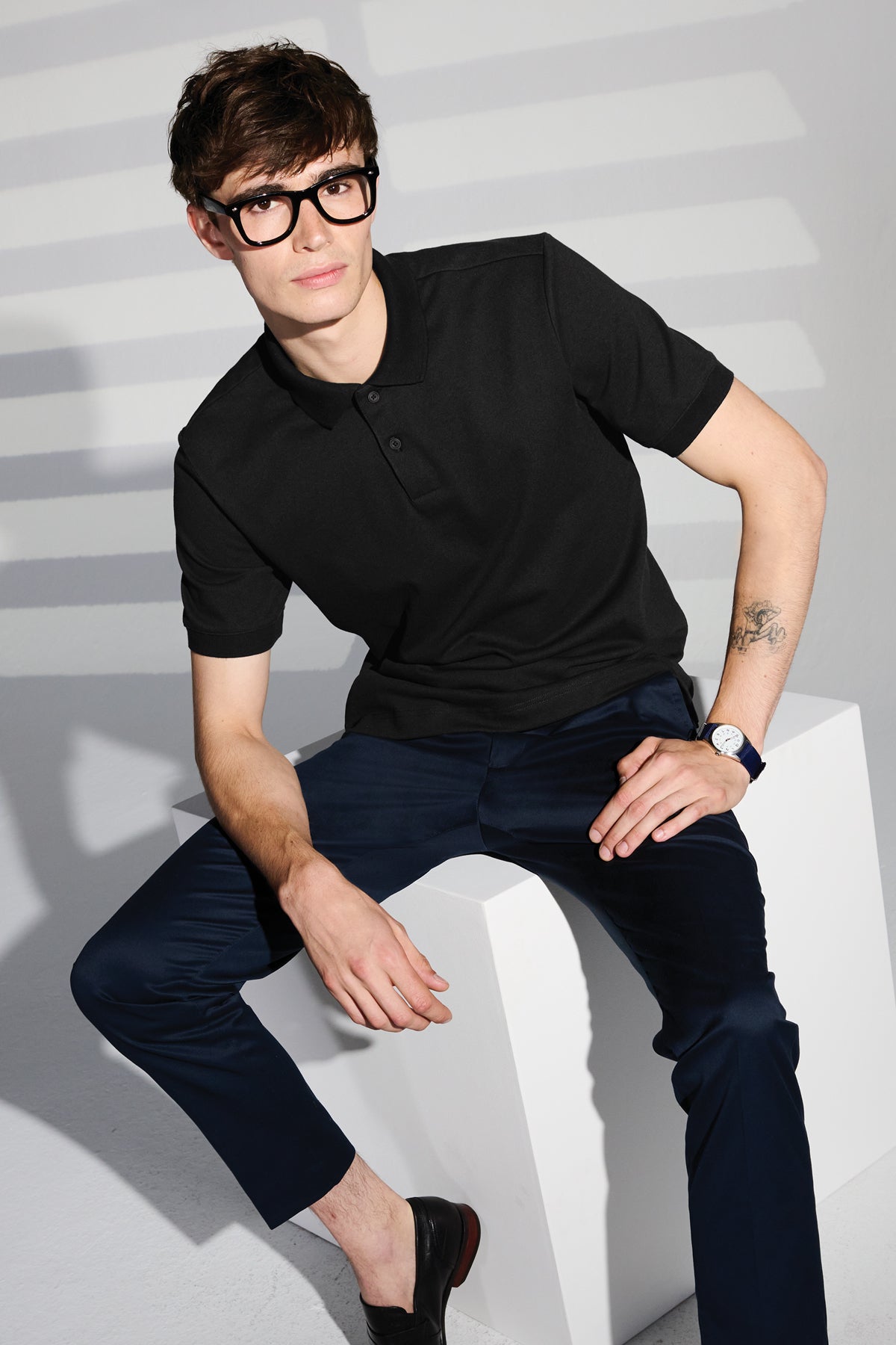 Mercer+Mettle Stretch Heavyweight Pique Polo in White, view on model