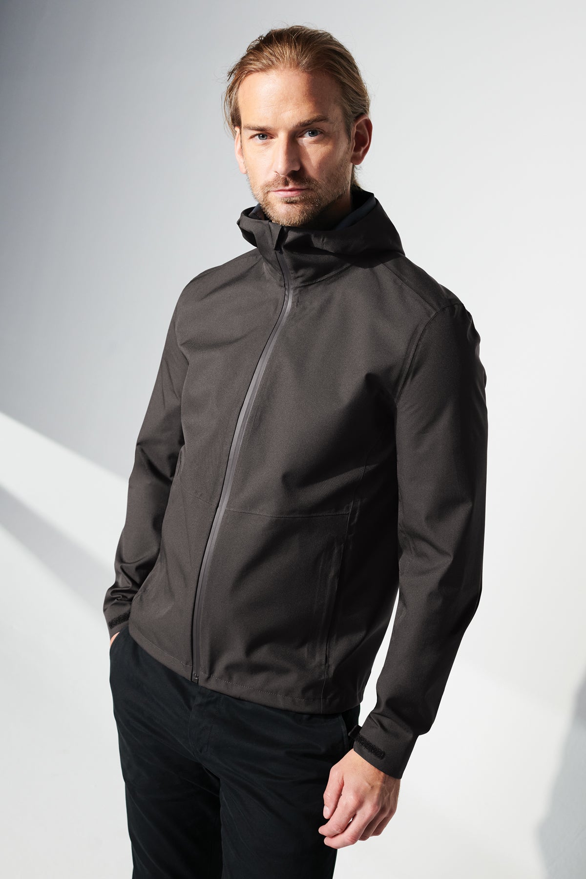 Mercer+Mettle Waterproof Rain Shell in Deep Black, view on model