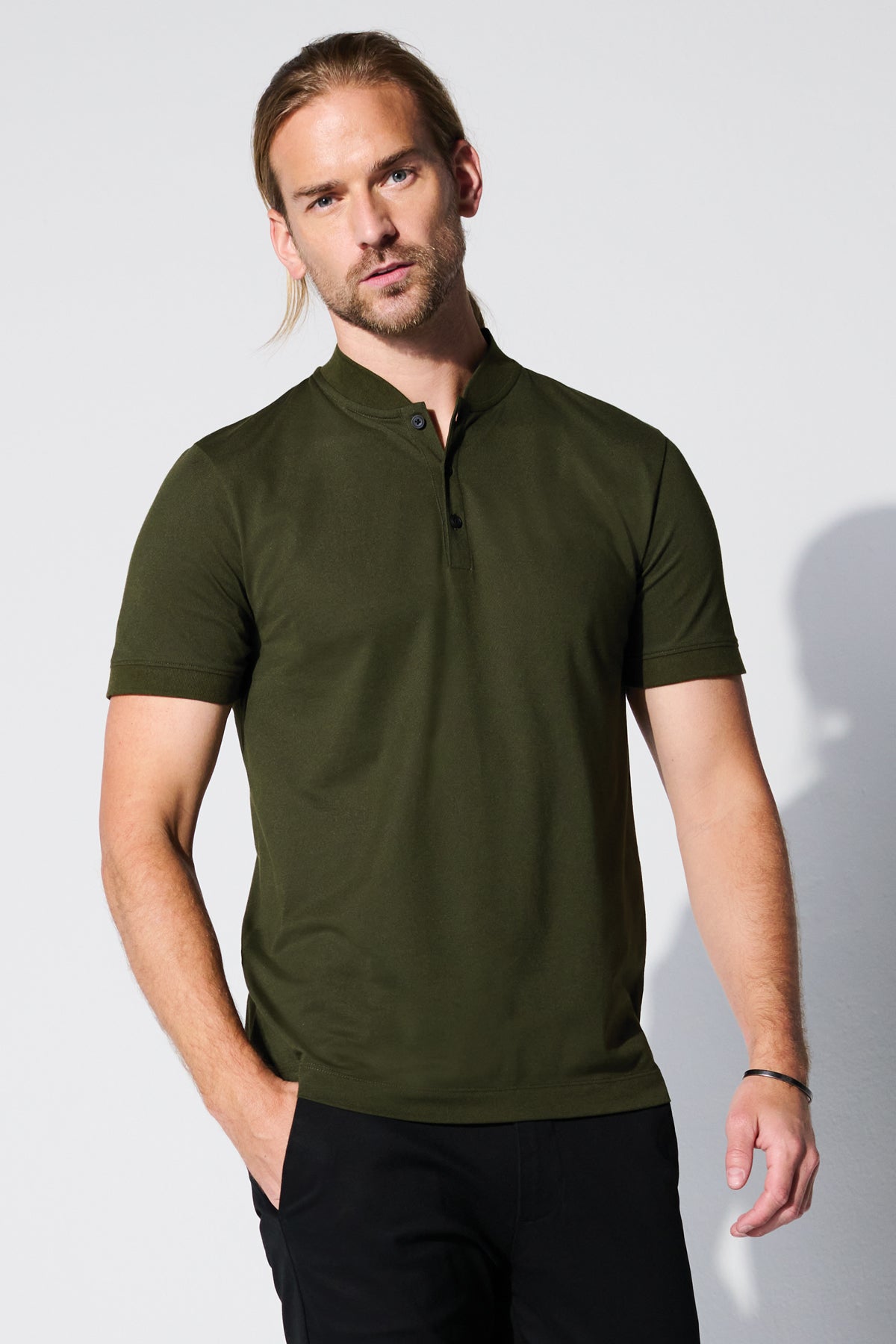 Mercer+Mettle Stretch Pique Henley in Townsend Green, view on model