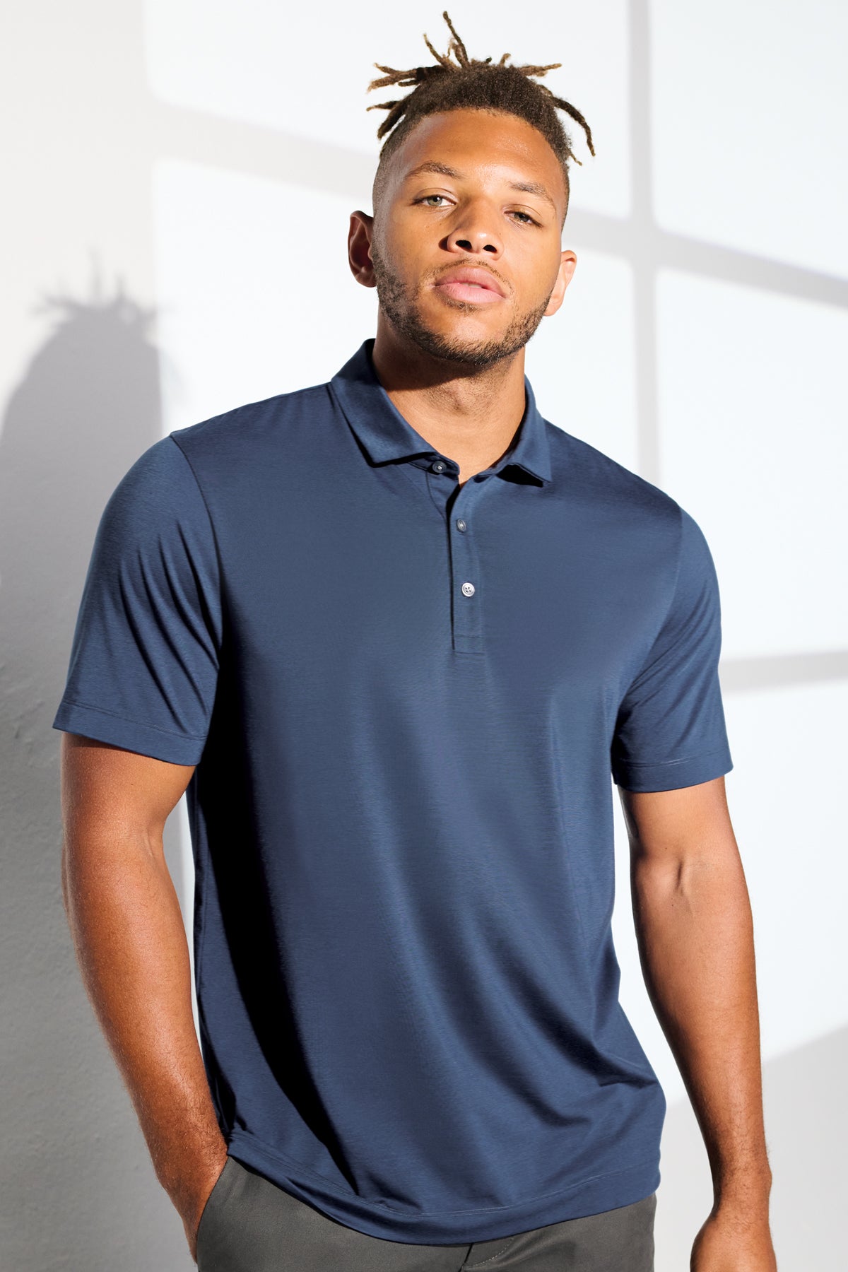Mercer+Mettle Stretch Jersey Polo in White, view on model