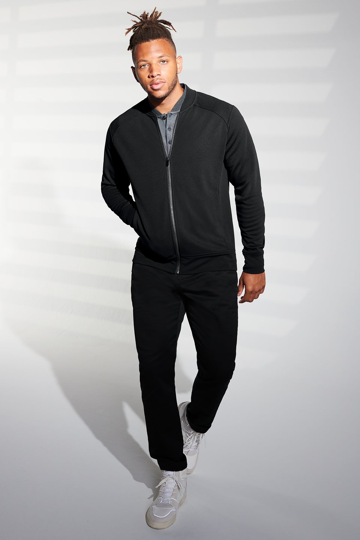Mercer+Mettle Double-Knit Bomber in Night Navy, view on model
