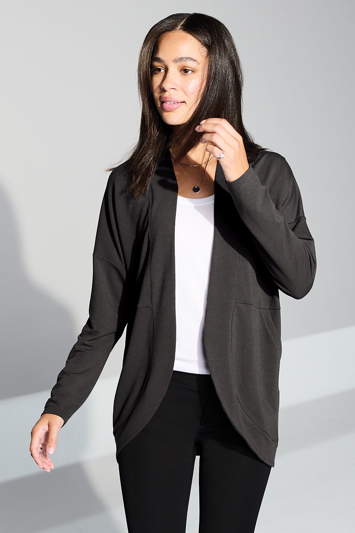 Mercer+Mettle Women’s Stretch Open-Front Cardigan in Night Navy, view on model