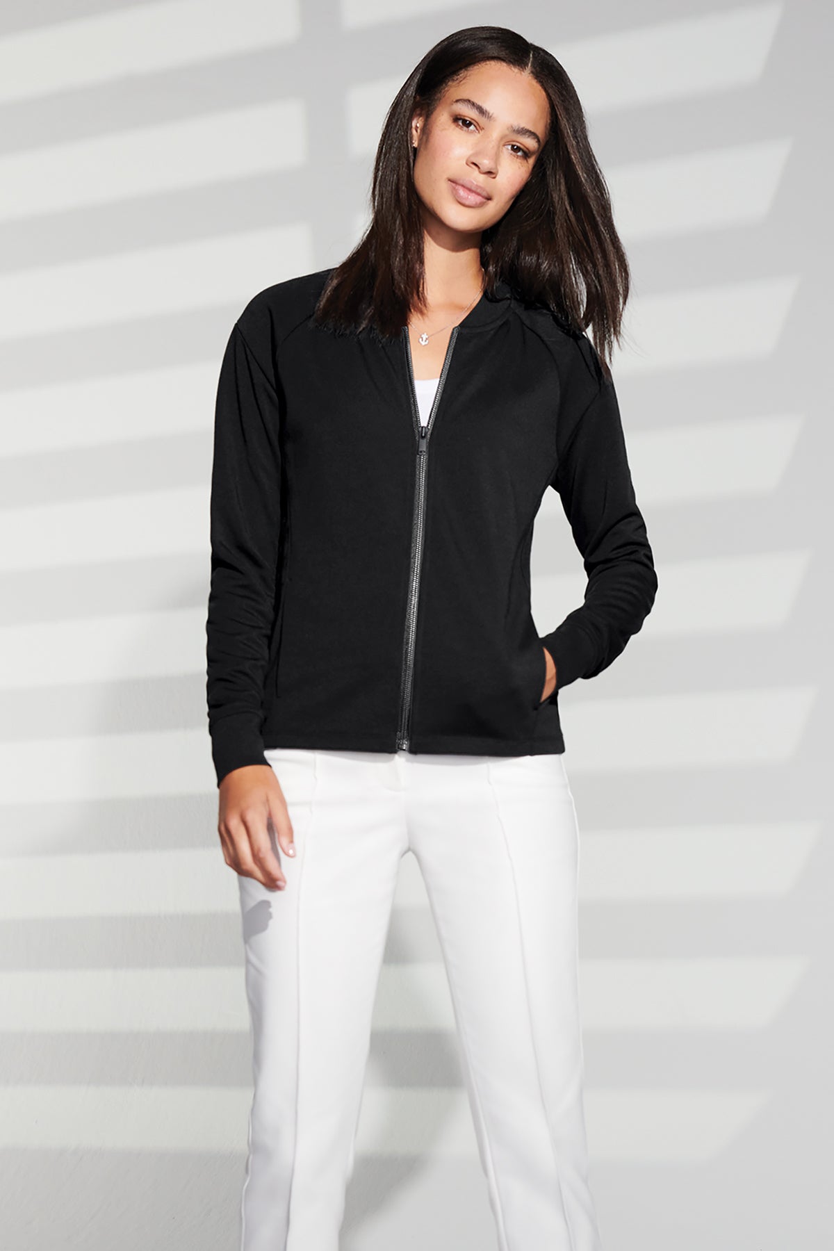 Mercer+Mettle Women's Double-Knit Bomber in Night Navy, view on model