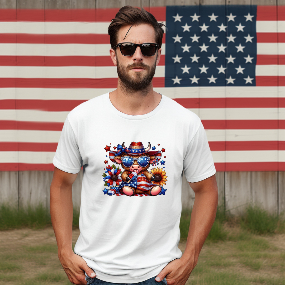 Patriotic Cow Shirt with Sunglasses Cowboy Hat Popsicle | 4th of July Graphic Tee