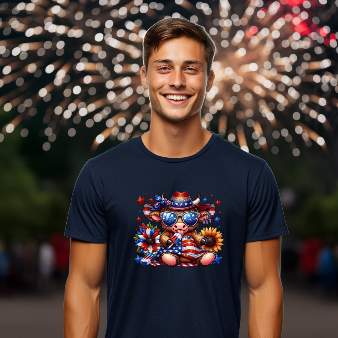 Patriotic Cow Shirt with Sunglasses Cowboy Hat Popsicle | 4th of July Graphic Tee
