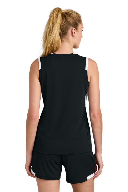 Sport-Tek Women's Club Sleeveless V-Neck - Black/ White - back