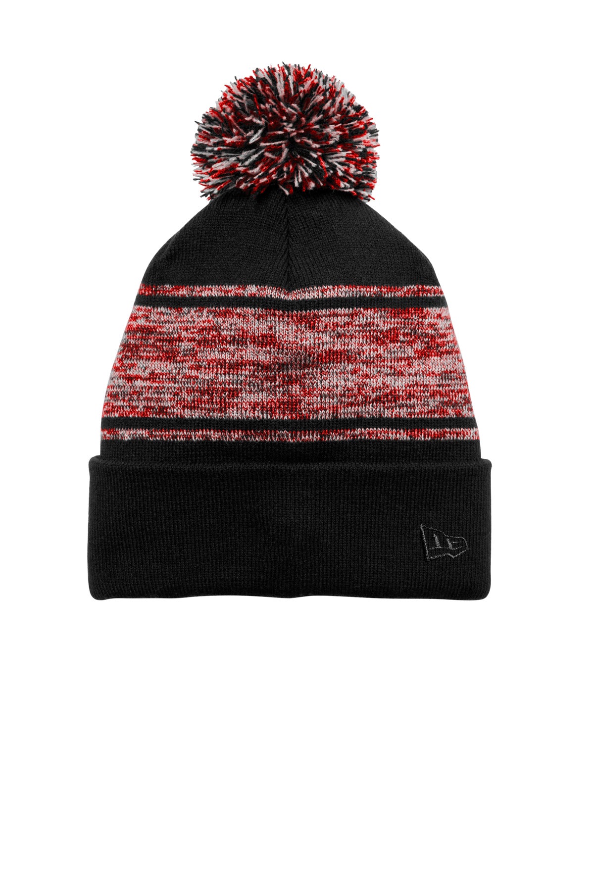 New Era Knit Chilled Pom Beanie - Black/ Scarlet - front