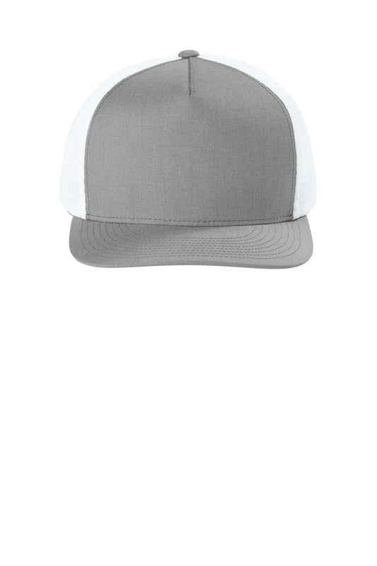 Sport-Tek Stretch-Tek 5-Panel Trucker Cap - Heather Grey/ White - flat front