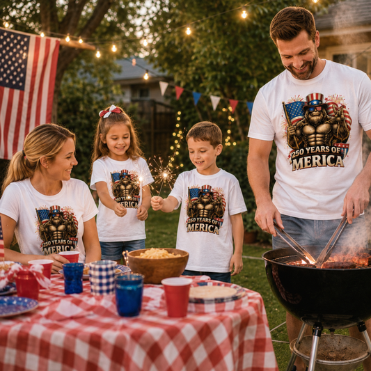 250 Years of ’Merica Bigfoot Shirt | Patriotic Sasquatch 4th of July Graphic Tee | America 250 Family Celebration T-Shirt