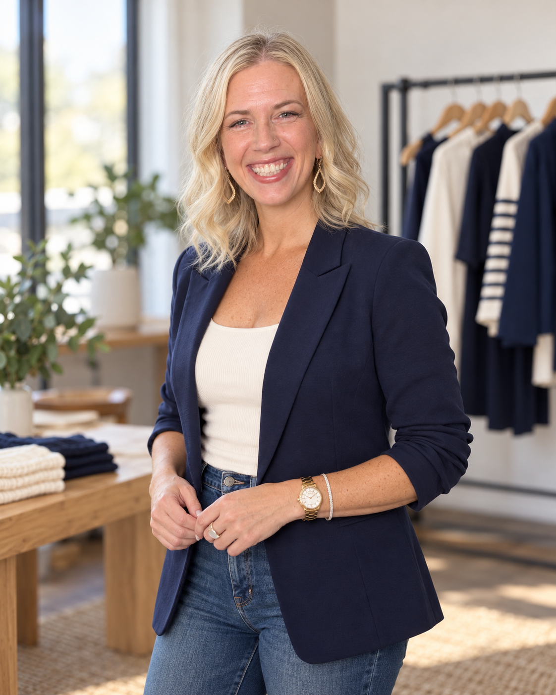 Tanya, owner of Tees by Tanya, next to a rack of tees