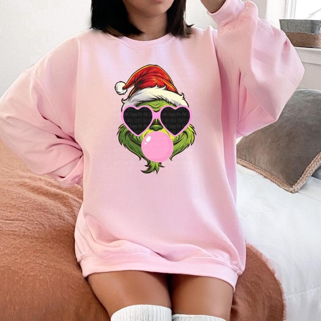 Grinch Sweatshirt | Christmas Bubblegum Grinch Graphic | Santa Hat Grinch Pullover | Funny Christmas Sweater | Holiday Graphic Sweatshirt