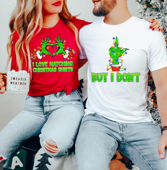 Matching Christmas Shirts for Women and Men - Grinch Hands Heart Design & Funny Christmas Lights Graphic