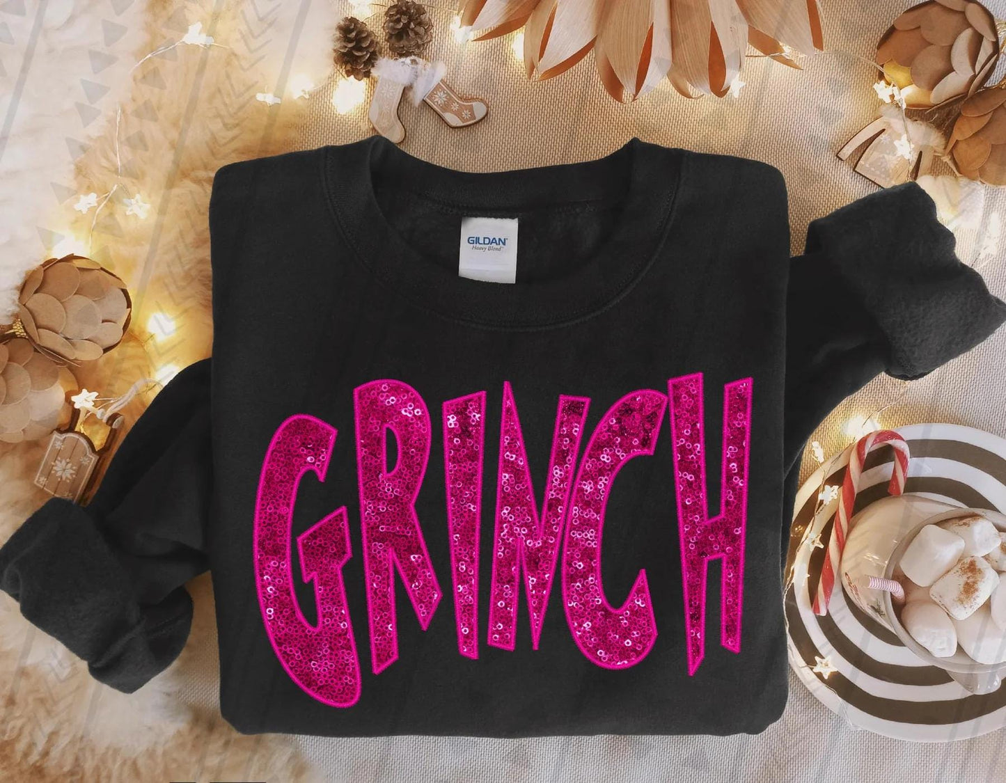 GRINCH Faux Sequin Pink T-Shirt, Sweatshirt, or Hoodie | Sparkly Grinch Holiday Apparel