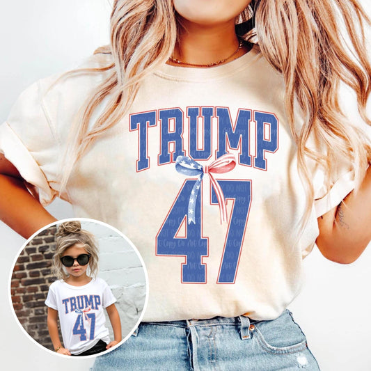 Kids Trump 47 T-Shirt, Sweatshirt, or Hoodie with Red and Blue Ribbon Design, Patriotic Trump Apparel, Political Support Shirt