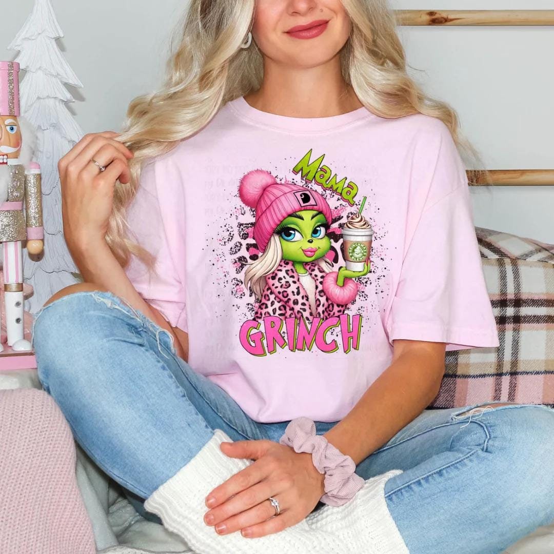 Pink Mama Grinch Shirt, Holiday Tee with Grinch Holding Coffee, Sweatshirt or Hoodie, Festive Gift for Moms