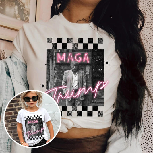 Kids MAGA Trump Checkered Graphic T-Shirt, Sweatshirt, or Hoodie | Black and White Trump Design with Bold MAGA Print