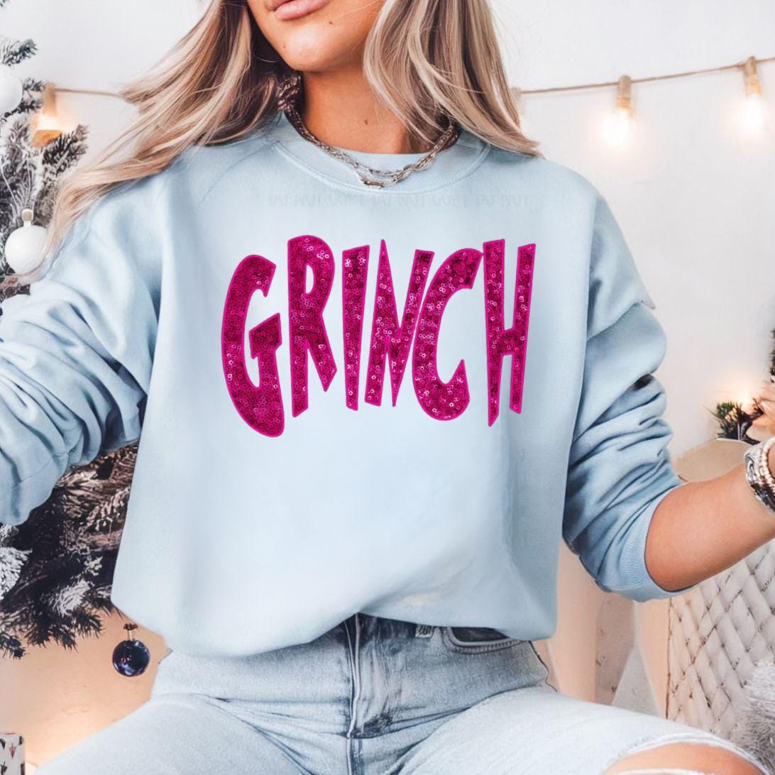 GRINCH Faux Sequin Pink T-Shirt, Sweatshirt, or Hoodie | Sparkly Grinch Holiday Apparel