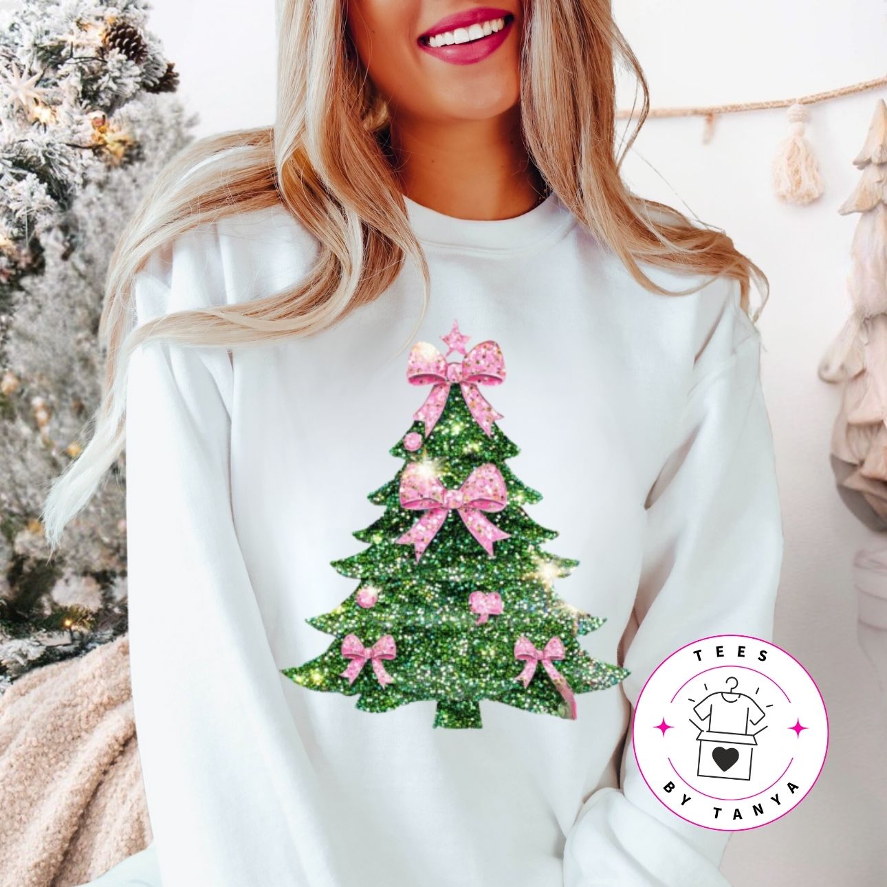 Glitter Christmas Tree with Pink Ribbons Shirt
