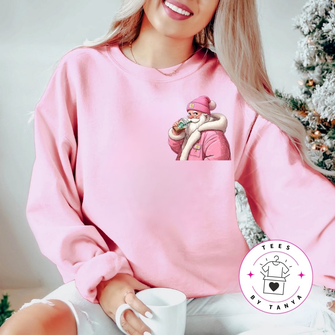 Pink Santa Drinking Coffee Shirt (Pocket Design)