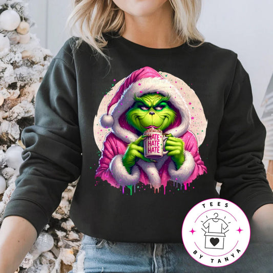 Pink Hoodie Grinch Drinking Cocoa Shirt