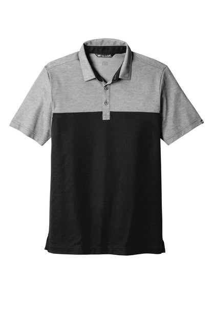 TravisMathew Oceanside Blocked Polo in Black Heather/ Black, front flat
