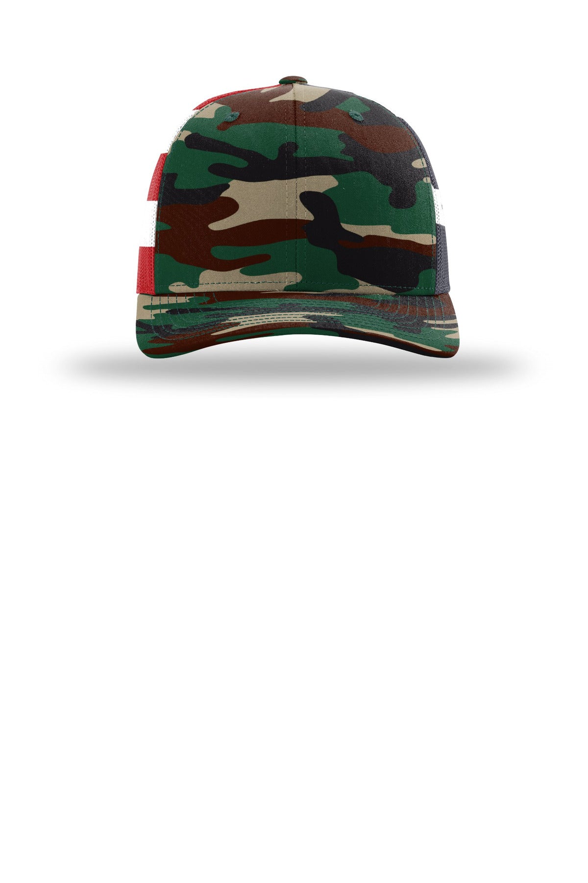 Richardson Printed Mesh Trucker - Green Camo/ Stars Stripes - flat front