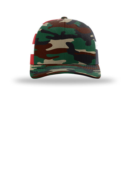 Richardson Printed Mesh Trucker - Green Camo/ Stars Stripes - flat front
