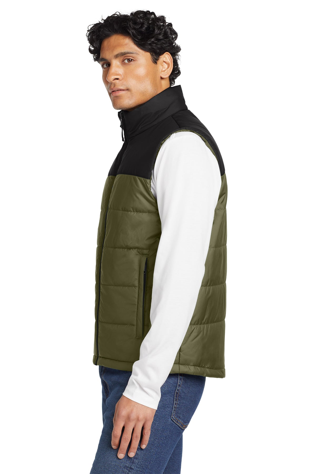 The North Face Everyday Insulated Vest in Burnt Olive Green, side on model