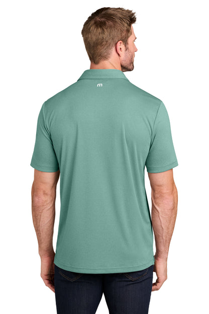 TravisMathew Coto Performance Polo in Beryl Green Heather, back on model