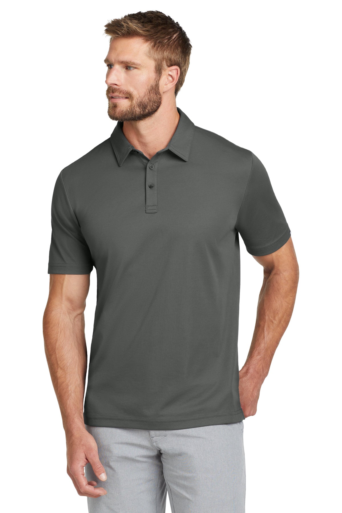 TravisMathew Oceanside Solid Polo in Quiet Shade Grey, front on model
