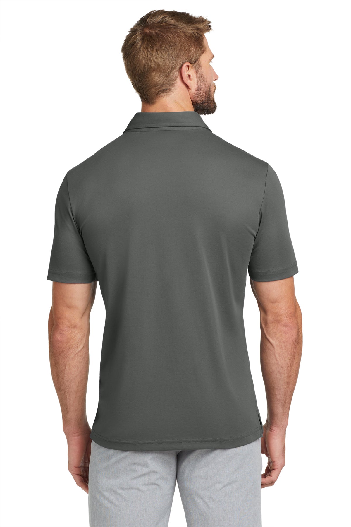 TravisMathew Oceanside Solid Polo in Quiet Shade Grey, back on model