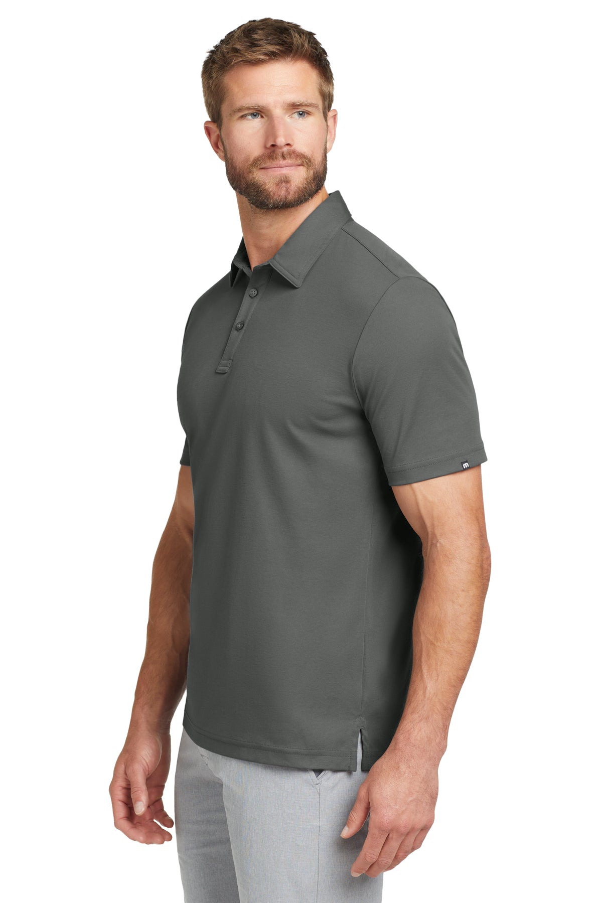 TravisMathew Oceanside Solid Polo in Quiet Shade Grey, side on model