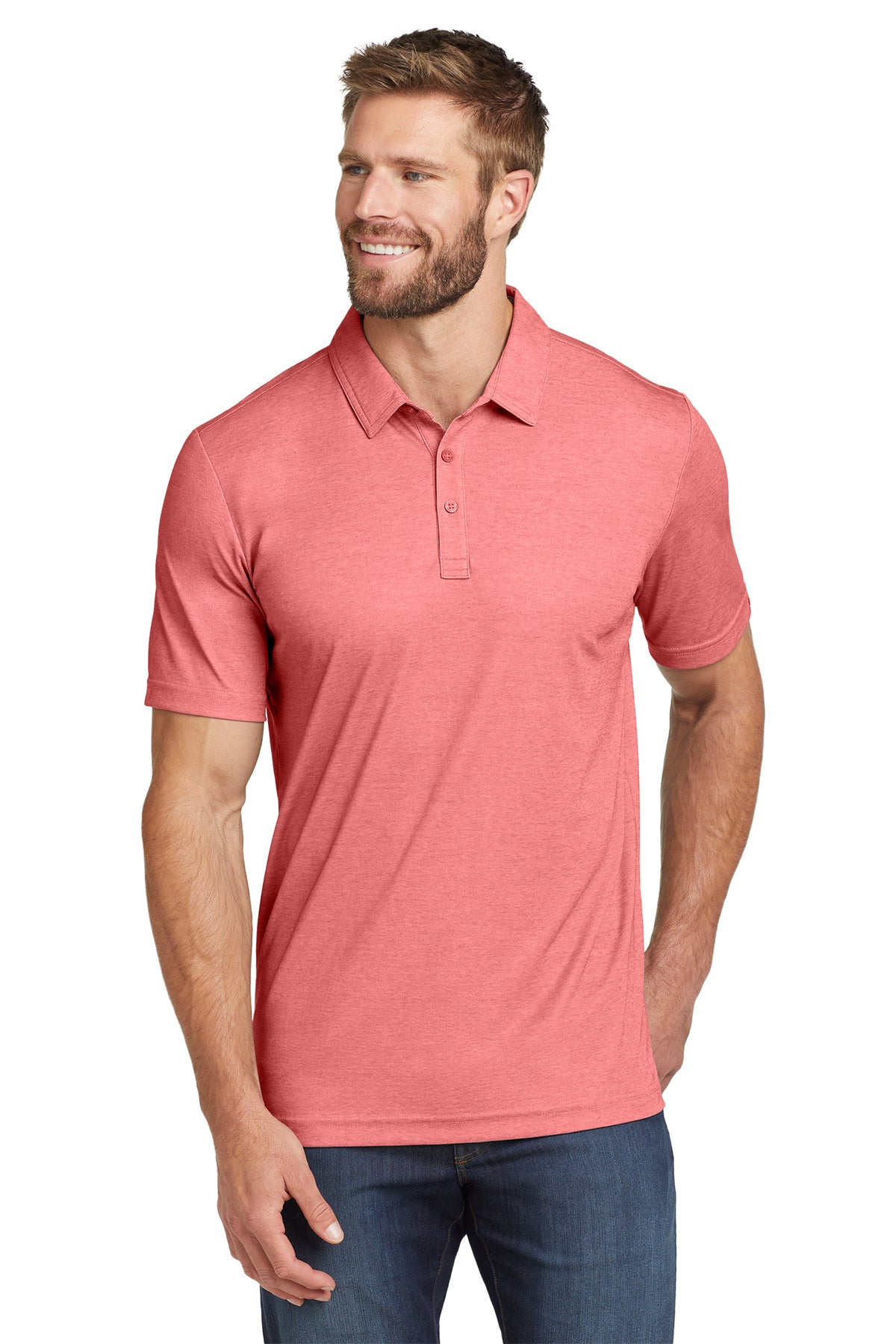 TravisMathew Oceanside Heather Polo in Cardinal Heather, front on model