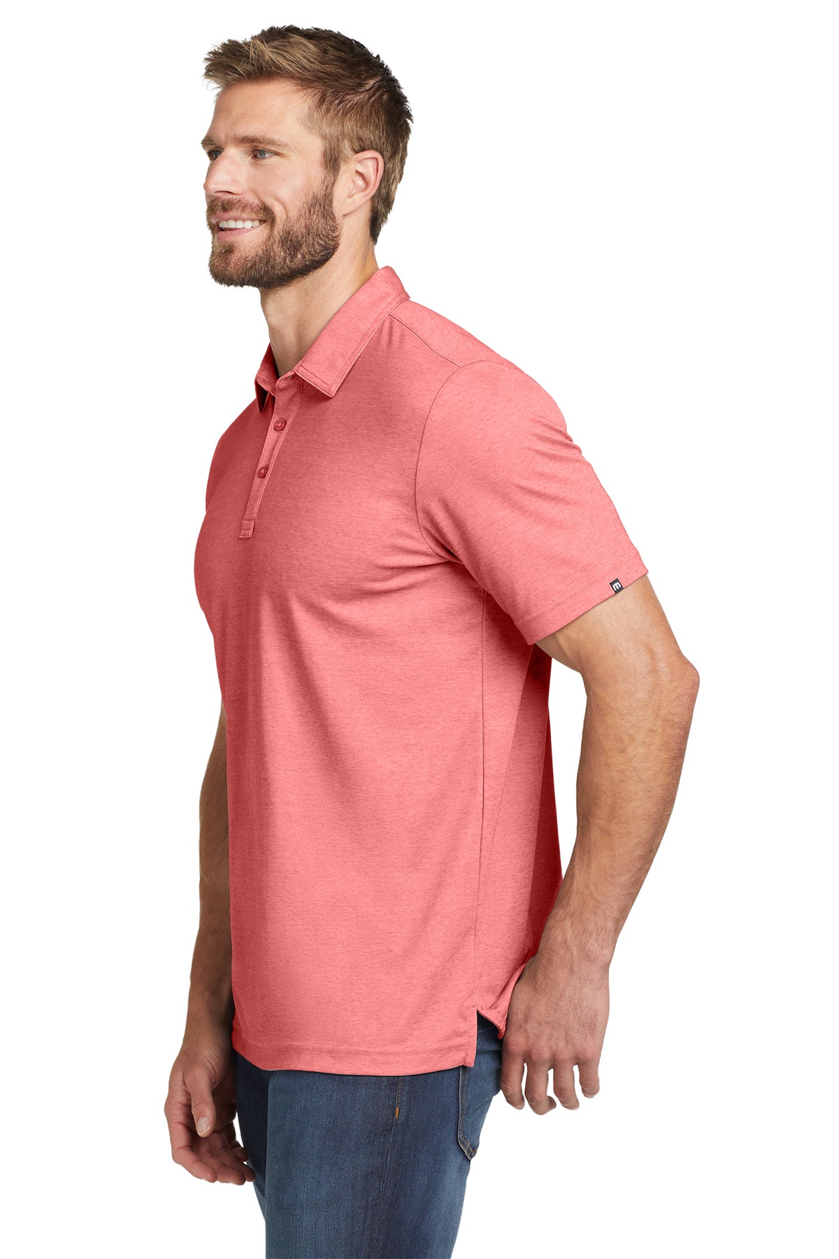 TravisMathew Oceanside Heather Polo in Cardinal Heather, side on model